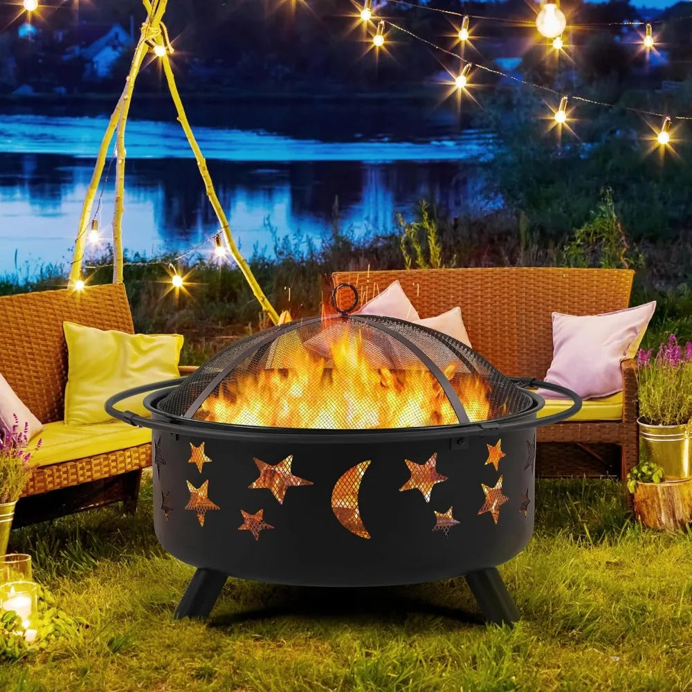 30 Inch Wood Burning Fire Pit With Spark Screen And Poker