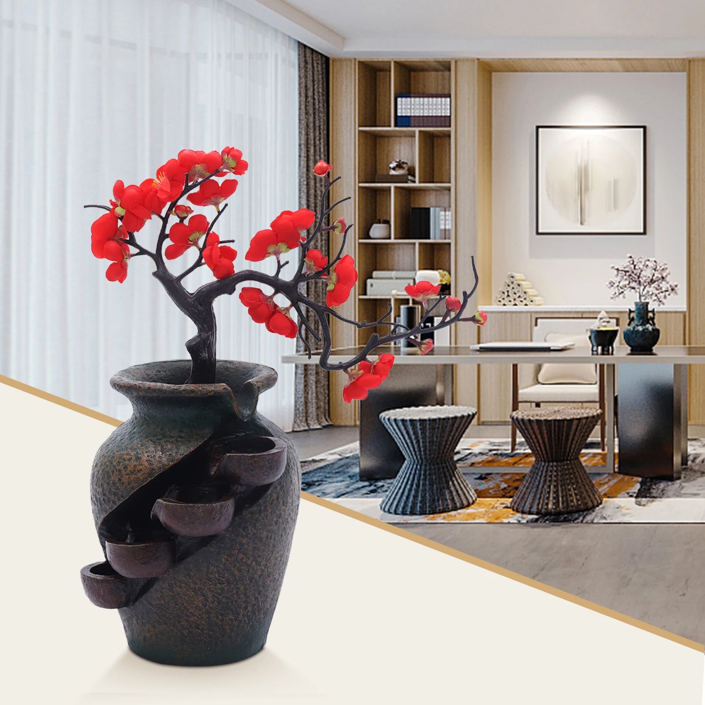 Decorative Tabletop Fountain, Simulated Vase and Trees, Stress Relief Water Feature for Home, Office, and Living Room