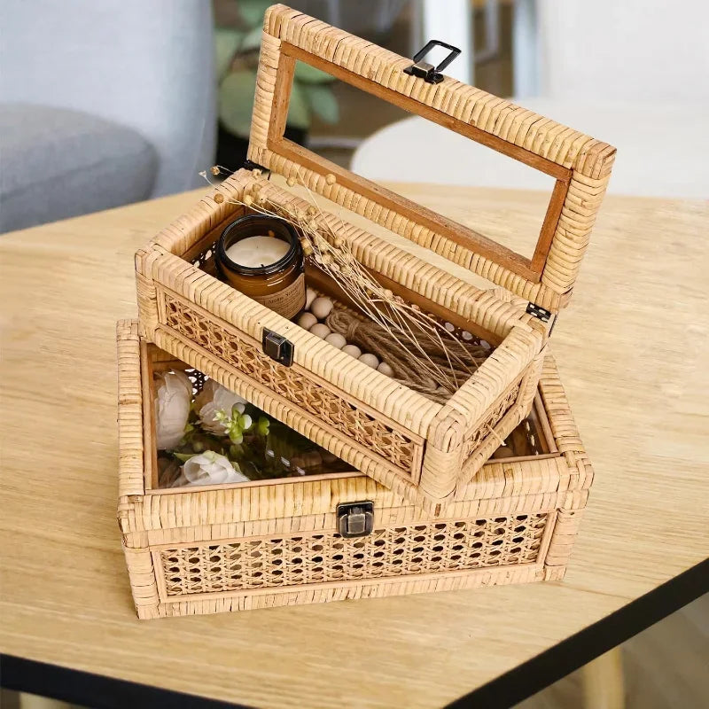 Rattan Decorative Box with Lid Set of 2 Rectangular Woven Glass Display Wicker Decor