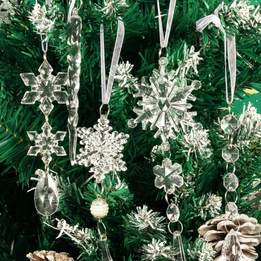 18Pcs Crystal Plastic Christmas Ornaments Set Icicles Snowflakes Beads Garlands