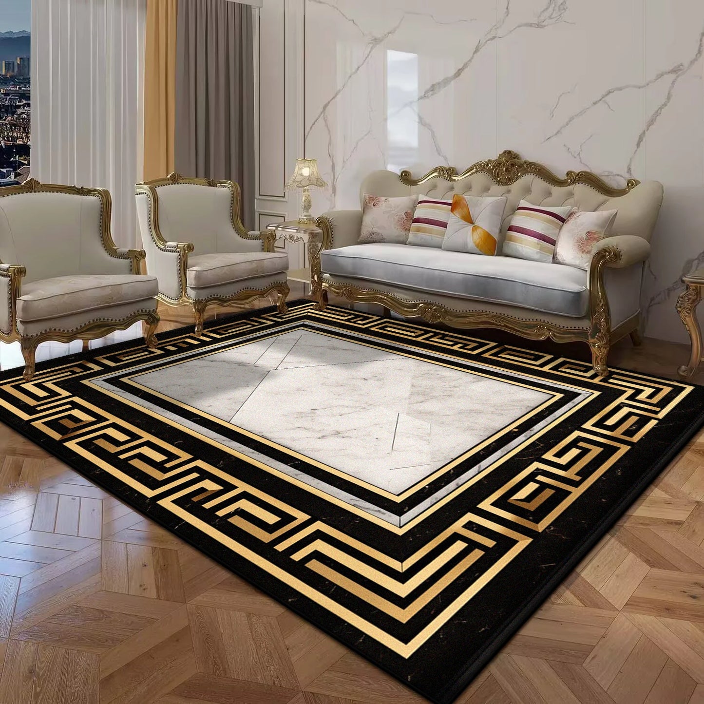 Black Gold Marble Luxury Carpet for Living Room Sofa Table Large Area Rug Anti Slip Doormat