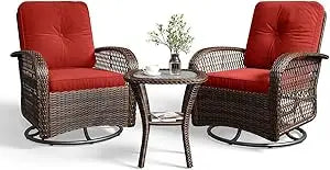 3 Pieces Patio Furniture Set With Swivel Rocker Chairs Set Of 2 Wicker Outdoor Bistro Set With Rocking Chair And Thickened Cushions