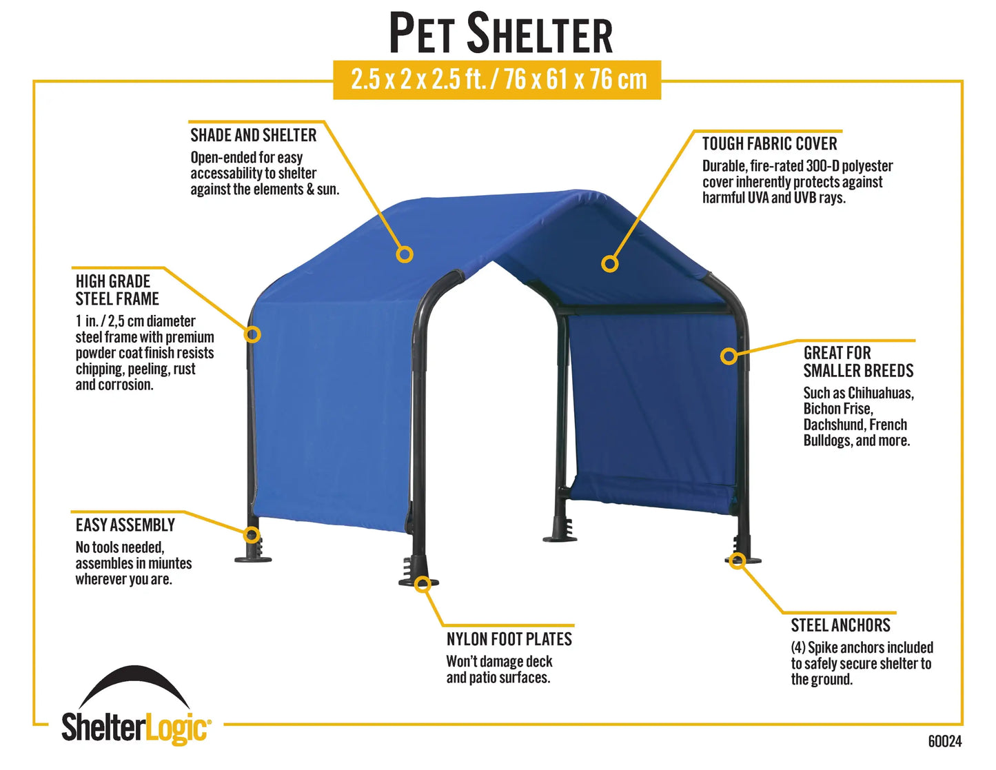 Pet Shelter Shade Tent 2.5 x 2 x 2.5 ft for Dogs Cats Animals Blue Small