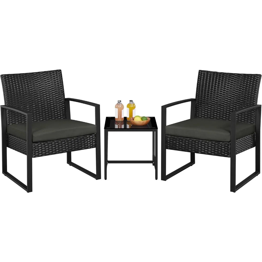 3 Pieces Rattan Bistro Set Indoor Outdoor Wicker Patio Modern Conversation Furniture 2 Chairs and Tempered Glass Coffee Table