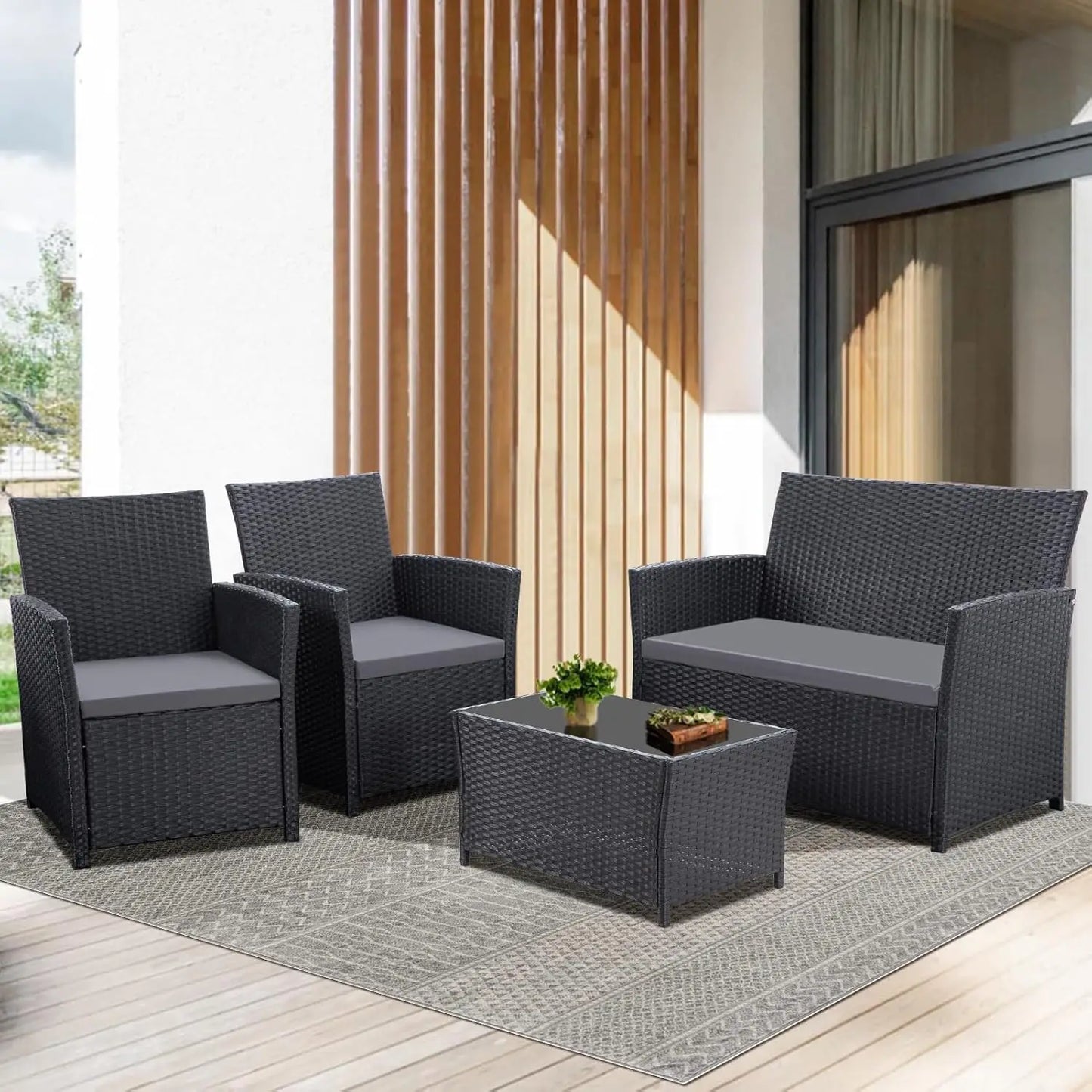 4 Piece Outdoor Patio Sectional Set Rattan Wicker Table And Chairs Loveseat