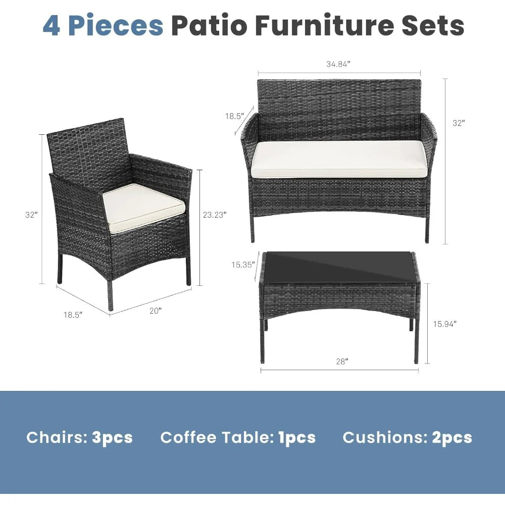Patio Furniture Set 4 Pieces Outdoor Wicker Furniture with Coffee Table Modern Rattan Patio Chairs Conversation Set with Sofa