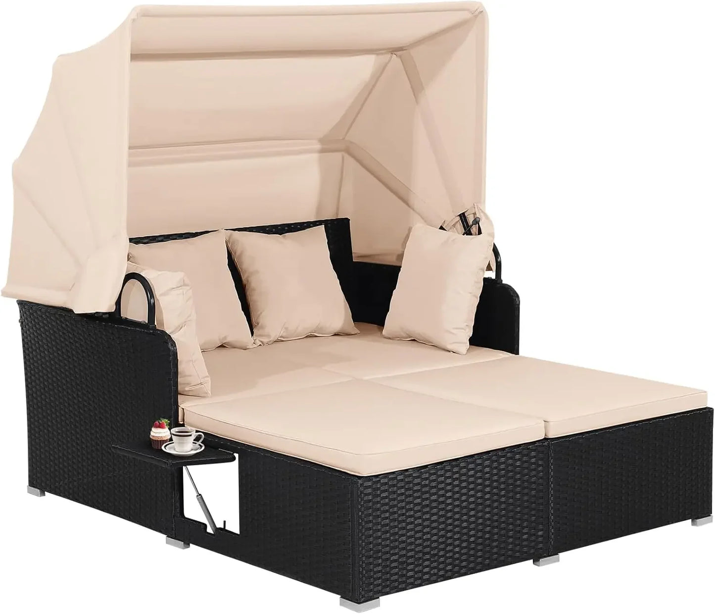 Outdoor Hand-Woven PE Wicker Daybed Patio Loveseat Sofa Set with Retractable Canopy & 2 Side Tables, Outdoor Sun Lounger