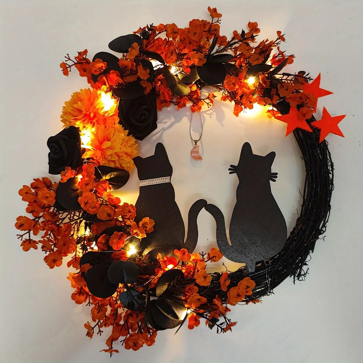 Black Cat Crescent Halloween Wreath Front Door Home Decor