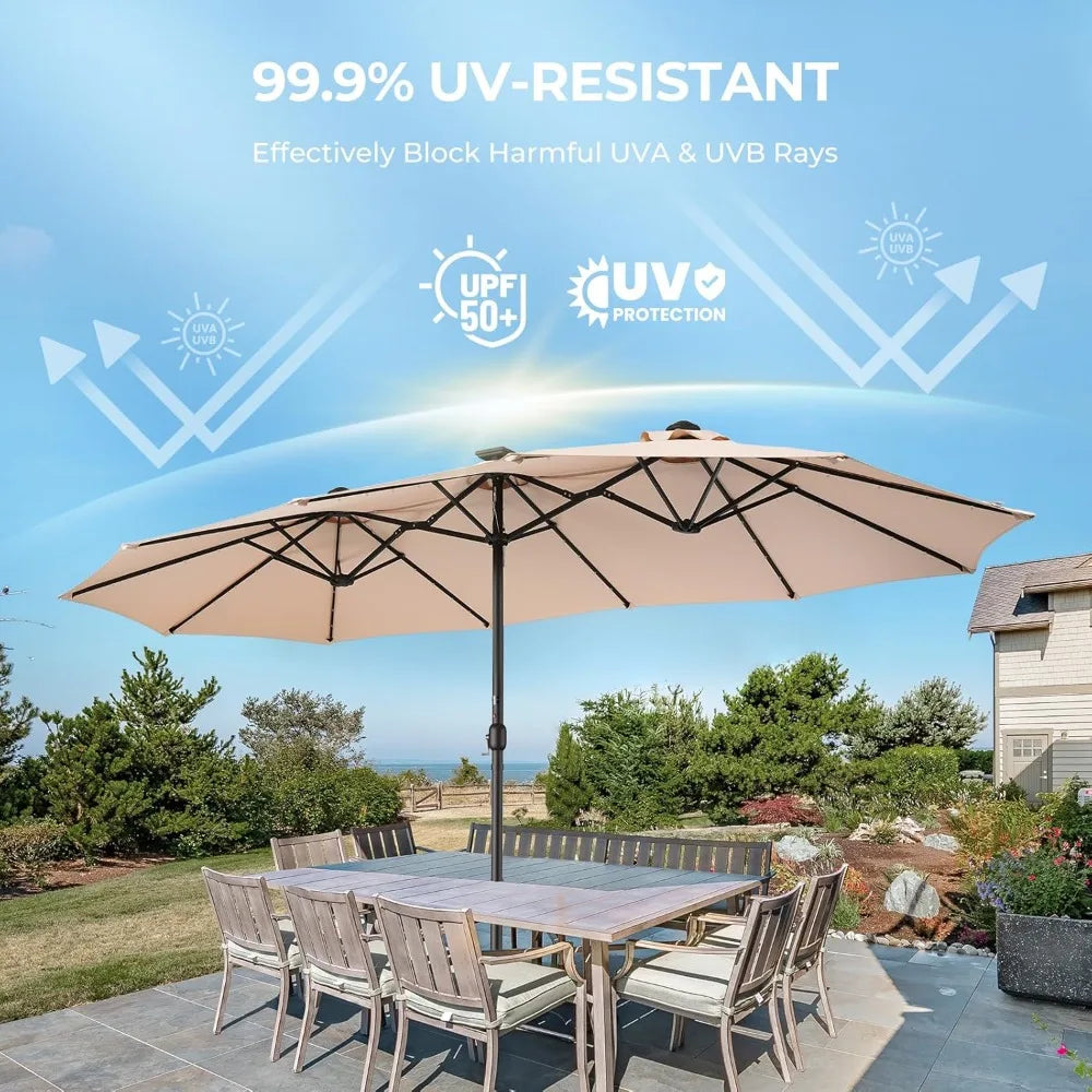 Double Sided Patio Umbrellas - 13ft Solar Lights LED Lighted Outdoor Extra Large Market Table Umbrella with Base Included