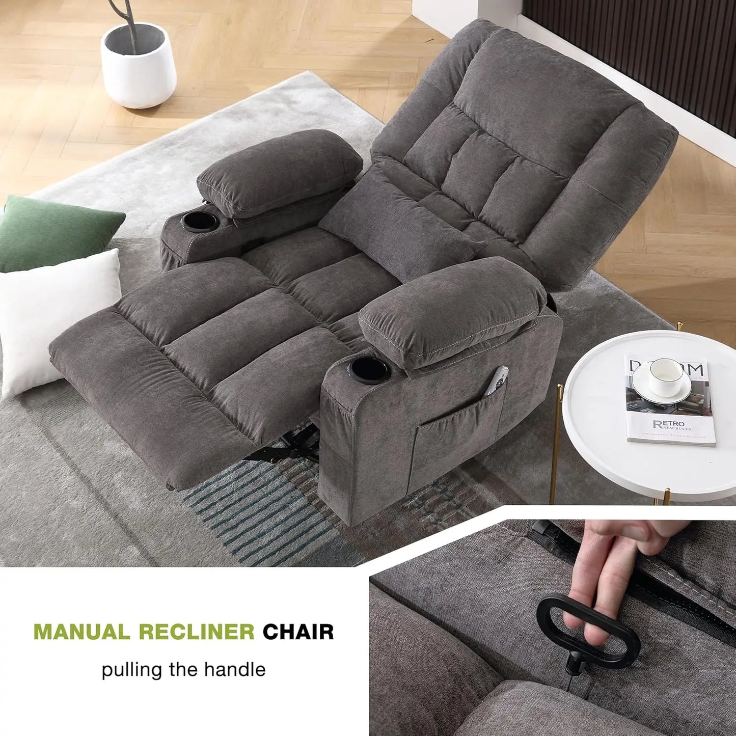 Massage Swivel Recliner Chair Oversized Rocker Recliner with Vibration Massage and Lumbar Heat Ergonomic Rocker Chair for Living Room with Side Pocket Two Cup Holders USB Charge Port