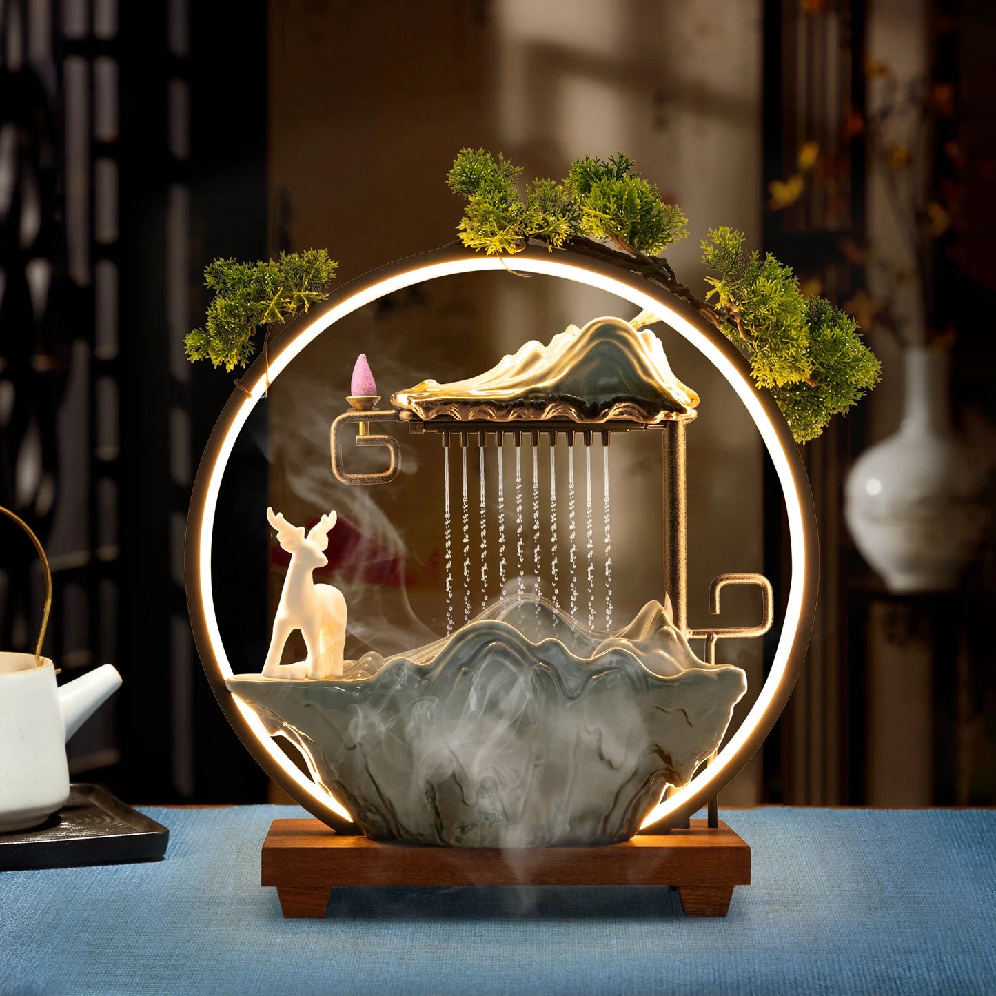 Indoor LED Waterfall Fountain With Mist Maker And Warm Light Home Yoga Tabletop Zen Water Feature Deer Motif Good Luck Symbol