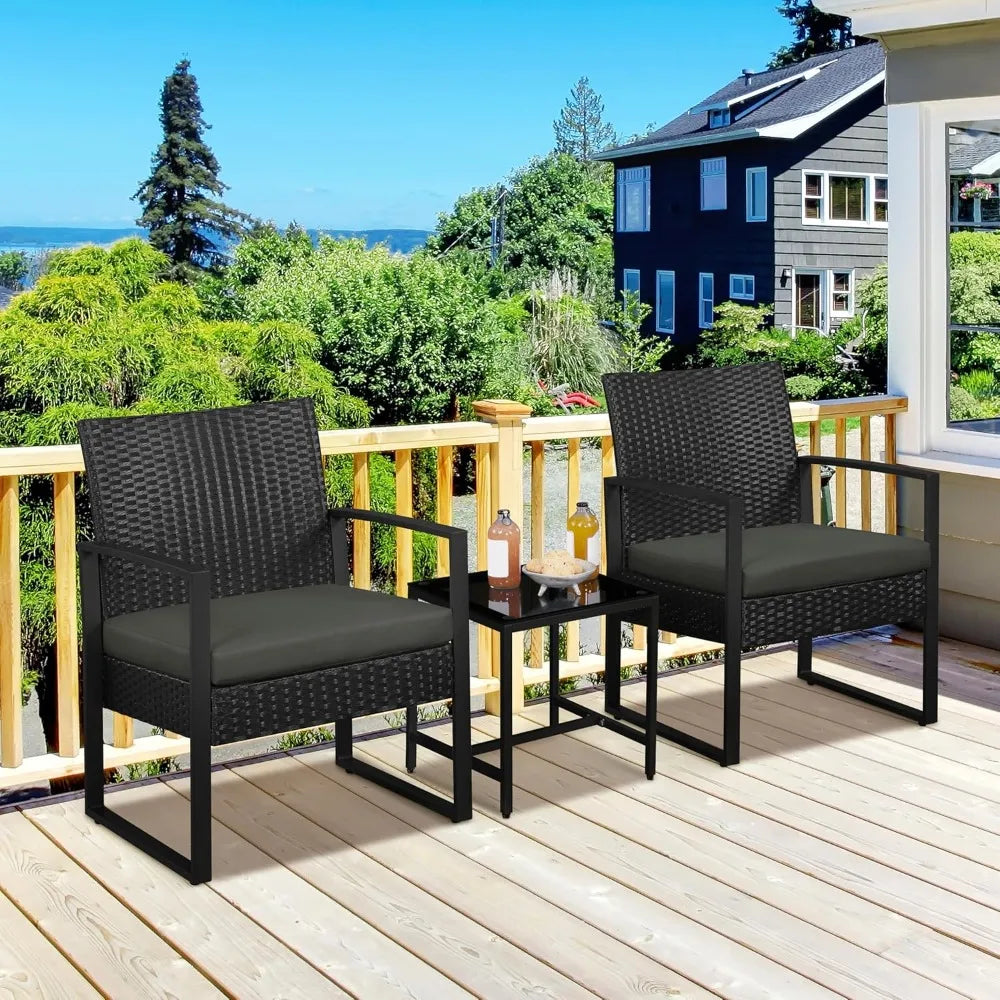 3 Pieces Rattan Bistro Set Indoor Outdoor Wicker Patio Modern Conversation Furniture 2 Chairs and Tempered Glass Coffee Table