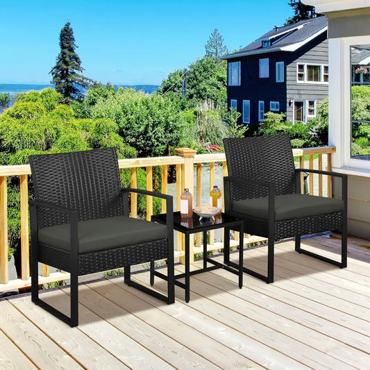 3 Pieces Rattan Bistro Set Indoor Outdoor Wicker Patio Modern Conversation Furniture 2 Chairs and Tempered Glass Coffee Table