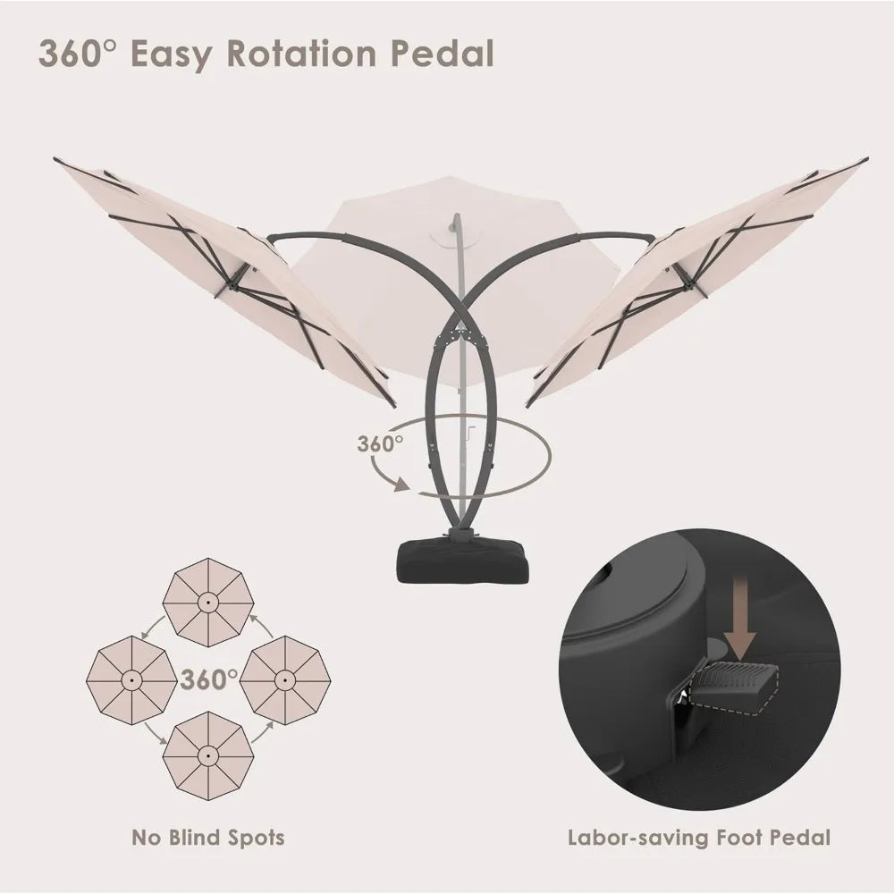 11FT Solar Powered LED Light Cantilever Patio Umbrella With Base Round Large Aluminum Outdoor Heavy Duty
