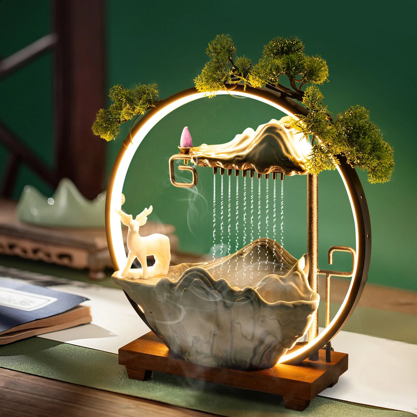 Indoor LED Waterfall Fountain With Mist Maker And Warm Light Home Yoga Tabletop Zen Water Feature Deer Motif Good Luck Symbol